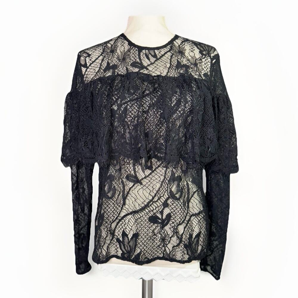 Womens Medium Black Sheer Lace Ruffle Top Long Sleeve Wuthering‎ Heights Whimsy